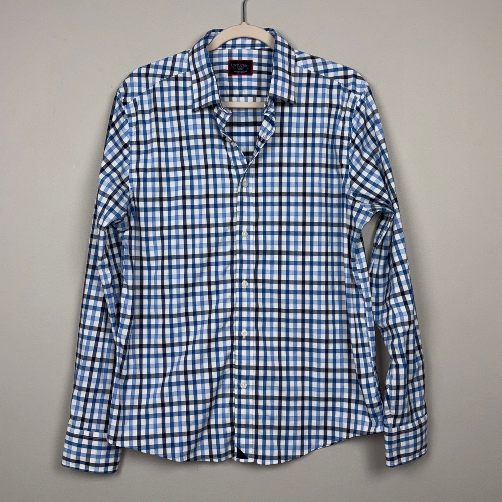 Untuckit Mezzacorono Slim Fit LS Button Front Blue and White Plaid Shirt SZ L
